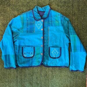 Handmade Reversible blue denim patchwork quilt beaded sequin embroider jacket XL